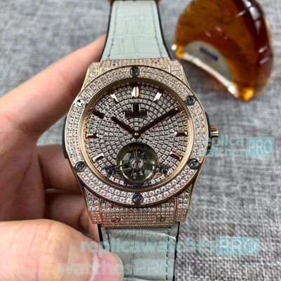 Replica Hublot Classic Fusion Tourbillon Rose Gold Diamond Dial Leather Strap Watch